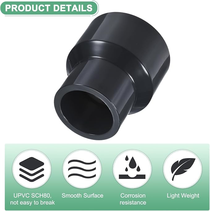 M METERXITY 2-Pack UPVC Reducer Pipe Fitting 2"x1-1/4" Reducing Grey | Coupling - Image 2