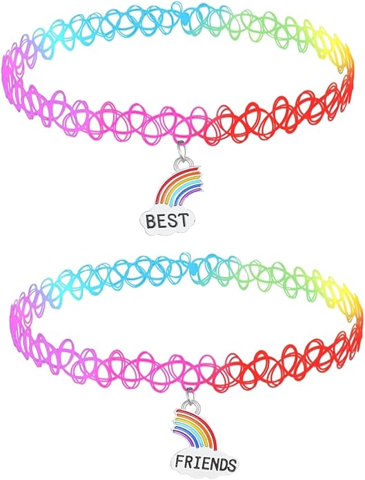 BodyJ4You 2PC Tattoo Choker Necklace - 90s Choker Necklace Women - 2000s Y2K Black Chokers Rainbow Choker - Butterfly Ying Yang Unicorn Rainbow Charms - Stretchy Elastic Necklace