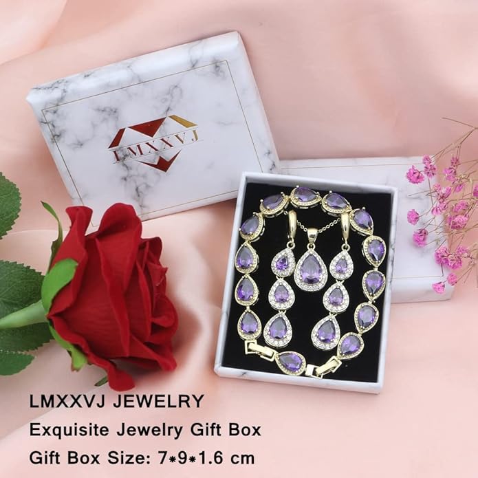 LMXXVJ Necklace Long Earrings Bracelet Set, White Gold Plated Created Blue Sapphire Jewelry Set Wedding Party Gift Jewelry for Women Bridal Bridesmaid