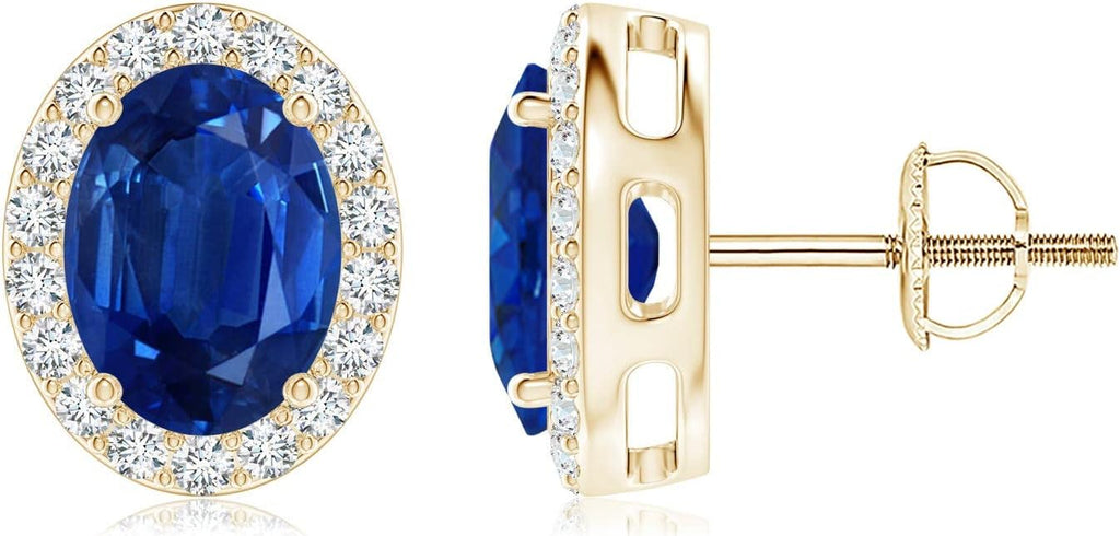 ANGARA Natural Blue Sapphire Earrings for Women | Prong-Set Oval Blue Sapphire Stud Earrings with Diamond Halo in 14K Solid Gold/Platinum | September Birthday, Anniversary, Gemstone Jewellery Gift