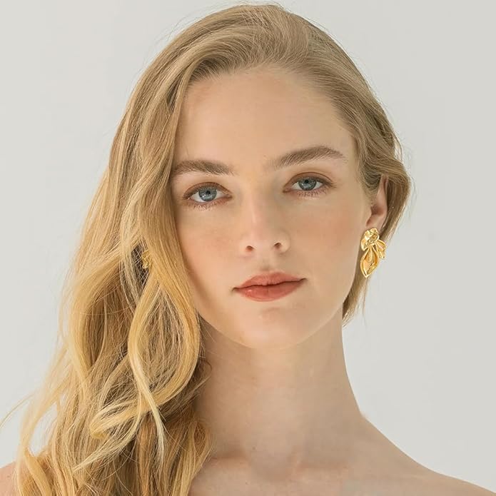 Chunky Gold Statement Earrings For Women Gold Plated Sectored Flower Leaf Shell Angel Wing Earrings Trendy Boho Jewelry For Women Large Stud Earrings Hypoallergenic Earrings