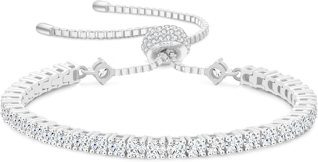 KRKC&CO Moissanite Bolo Tennis Bracelets for Women, 1.6-8.0 ct.tw, Adjustable Length S925 Sterling Silver, Christmas Gifts for Her, Luxury Box, 2/3/4mm D Color VVS1 White/14K/24K/Rose Gold Plated