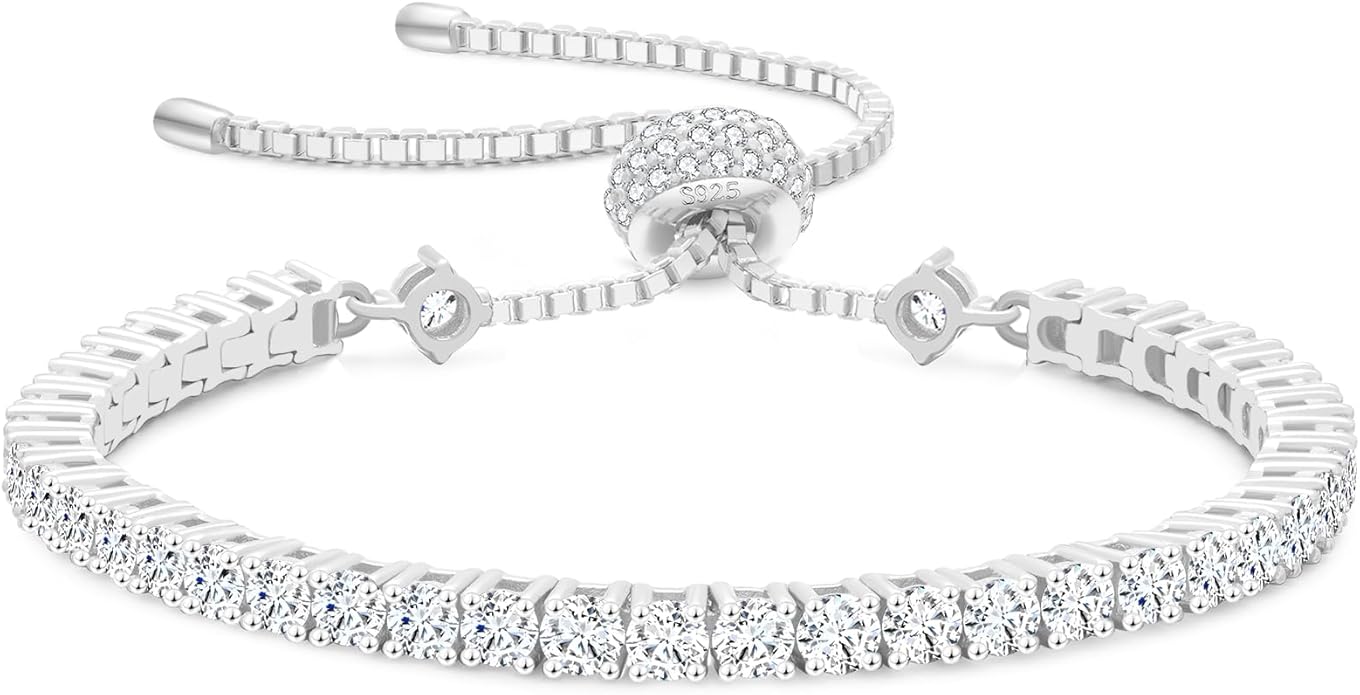 KRKC&CO Moissanite Bolo Tennis Bracelets for Women, 1.6-8.0 ct.tw, Adjustable Length S925 Sterling Silver, Christmas Gifts for Her, Luxury Box, 2/3/4mm D Color VVS1 White/14K/24K/Rose Gold Plated