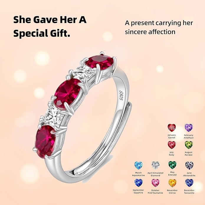 925 Sterling Silver Birthstone Rings for Women - Adjustable Size Women Jewelry Birthday Gifts for Girlfriend,Wife,Mom