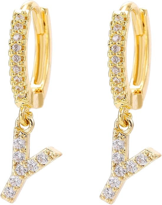 14K Gold Dangle Drop Initial Earrings for Women Dainty CZ Huggie Hoop Name Letter Earrings S925 Sterling Silver Post with Cubic Zirconia Hypoallergenic Gifts Jewelry