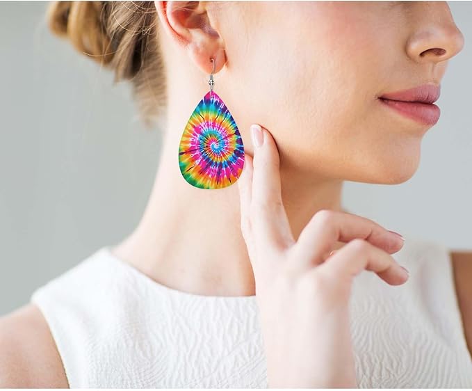 Tie-Dyed Faux Leather Earrings Abstract Colorful Swirl Tie Dye Teardrop Leather Dangle Earrings Women Earrings For Wedding Bridal