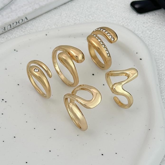 Chunky Gold Rings for Women Rhinestone Stackable Knuckle Ring Set Open Adjustable Statement Ring Set Dainty Crown Cross Midi Rings Fashion Jewelry Gift for Women