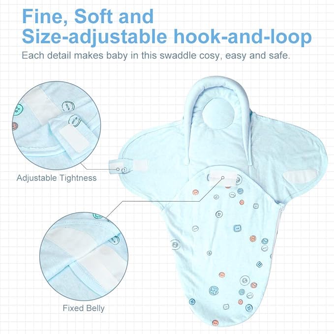 Premium Soft Cotton Baby Swaddle Blankets, Unisex Baby Blanket Wrap for Newborn Baby Boys Girls, Skin Friendly Wearable Swaddling Sleep Sack Calms Startle Reflex (Blue, 0-3 Months + 3-6 Months)