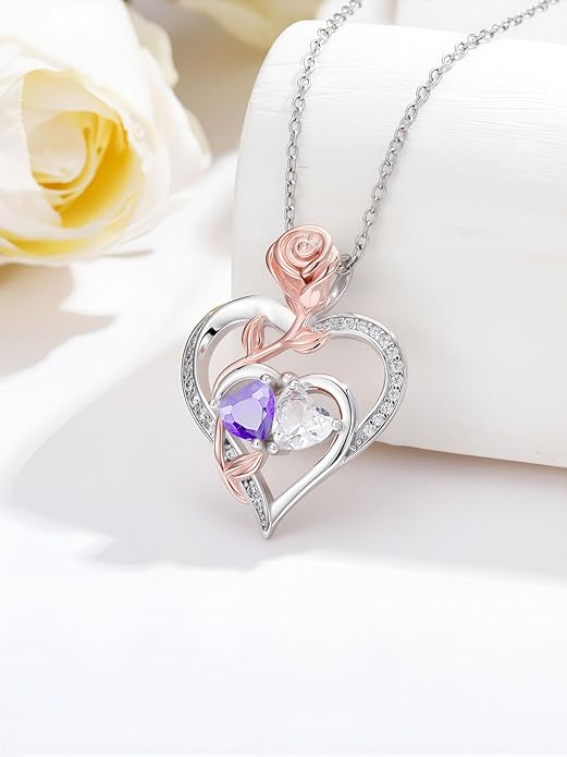 Rose Flower Heart Pendant for Women Birthday Gifts 18k Gold Plated Mother Daughter Necklace with 12 Months Birthstone Christmas Valentines Day Gifts for Her Mom Anniversarry Jewelry for Mom Wife Girlfriend