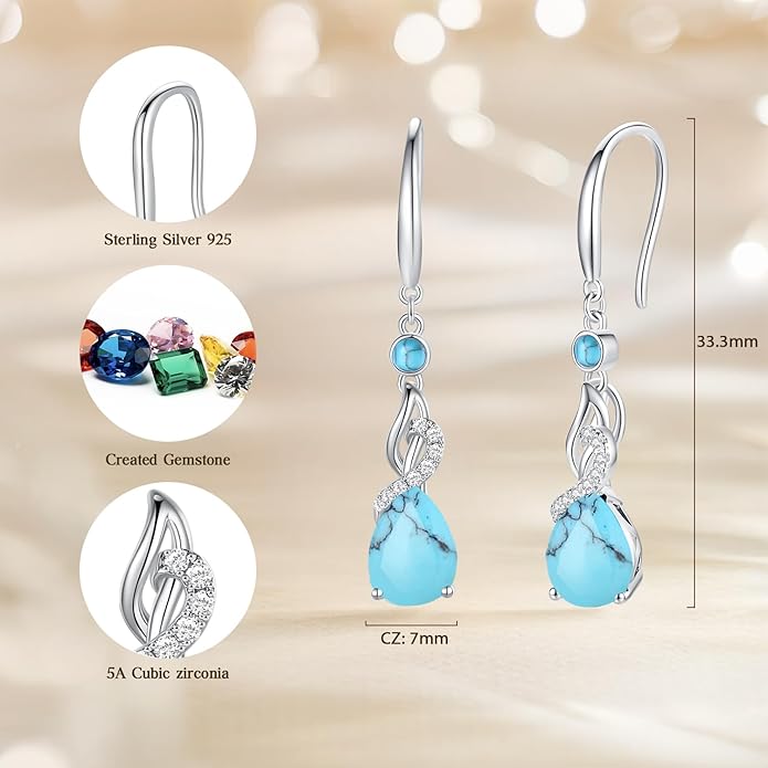 FANCIME Teardrop Dangle Drop Earrings 925 Sterling Silver Pear Gemstone Birthstone Earring Fine Jewelry Birthday Gifts for Women
