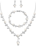 EVER FAITH Bridal Cubic Zirconia Jewelry Sets for Women, White Simulated Pearl Leaf Vine Pendant Wedding Party Necklace Earrings Set for Bridesmaid Bride