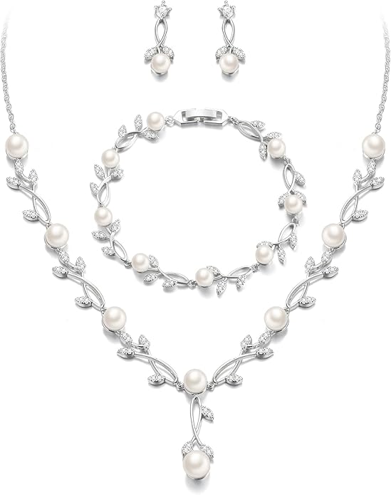 EVER FAITH Bridal Cubic Zirconia Jewelry Sets for Women, White Simulated Pearl Leaf Vine Pendant Wedding Party Necklace Earrings Set for Bridesmaid Bride