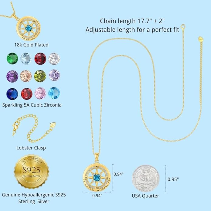 Compass Necklace for Women Wife Girlfriend Mom Daughter Gifts S925 Sterling Silver Jewelry For Anniversary Rose Gold Gifts For Birthday Christmas Mothers Valentines Day 12 Birthstones