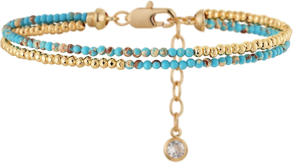 MYEARS Women Beaded Bracelet Gold Double Layer Gemstone 14K Simple Dainty Handmade Chain Everyday Boho Beach Jewelry