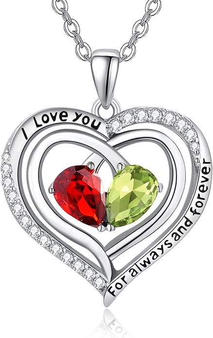 Valentine's Day Gifts for Wife 925 Sterling Silver Double Birthstone Pendant Necklaces I Love You for Always and Forever Necklace Anniversary Birthday Gifts for Wife Girlfriend Mom Her