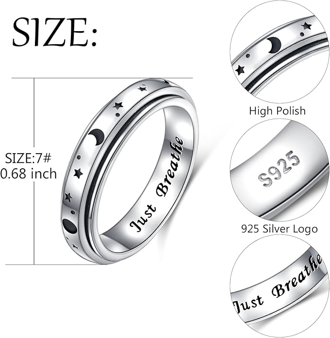 Ladytree Anxiety Relieve Rings 925 Sterling Silver Spinner Fidget Ring Worry Stress Relieving Boredom ADHD Autism Ring Platinum Plated Jewelry Birthday Gifts for Women Men