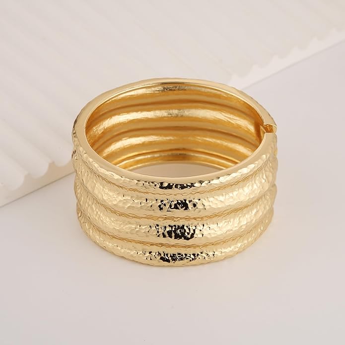 HZMAN 18K Gold Plated Wide Cuff Bracelet for Women - Premium Alloy Shiny Polished Double Layer Statement Bangle, Trendy Daily Wear Party Jewelry Accessory