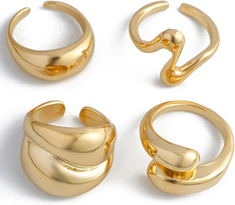 MIFYNN Chunky Gold Rings for Women Gold Silver Adjustable Thick Ring Fashion Statement Ring Open Dome Ring Chunky Silver Rings Geometric Curved Minimalist Simple Rings