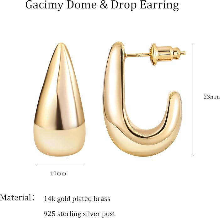 Gacimy Chunky Earrings for Women, Teardrop Earrings with 925 Sterling Silver Post, 14K Gold Plated Statement Drop for Women