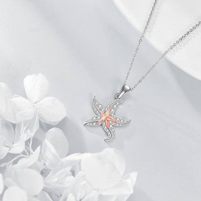 TIGER RIDER Ocean Necklace Sterling Silver Starfish Pendant Necklace Cubic Zirconia Starfish Jewelry Birthday Gifts for Women Ocean Lovers