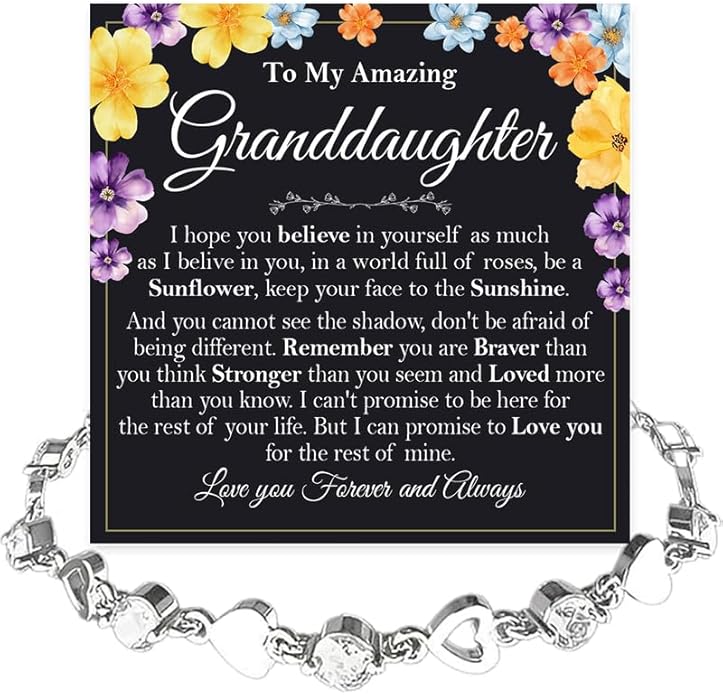 To My Granddaughter Bracelet from Grandma and Grandpa, Heart Chain Bracelet with Shiny Stones, Perfect Birthday or Graduation Christmas Gift for Granddaughter with Message Card and Gift Box