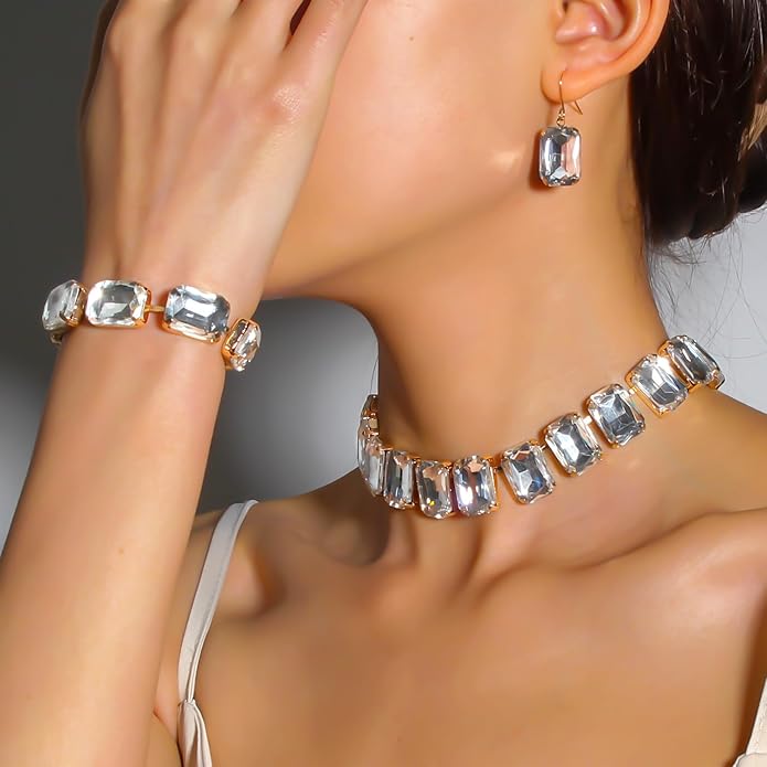 KOSMOS-LI Rectangle Faux Crystal Jewelry Sets Includ Necklace Bracelet Earrings For Women Stocking Stuffers