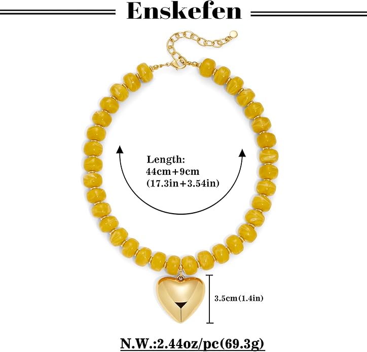 Gold Heart Pendant Necklaces for Women Colorful Acrylic Resin Beaded Choker Necklace Fashion Chunky Statement Beaded Heart Necklace