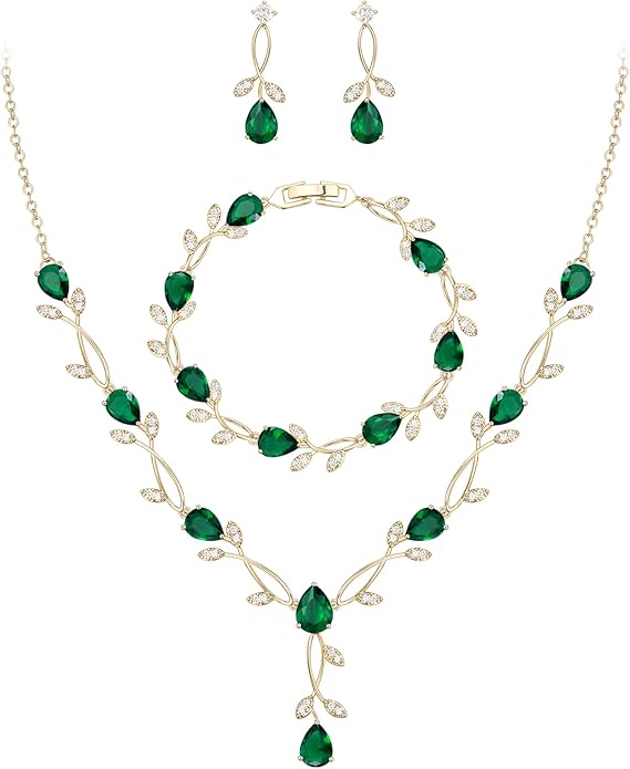EVER FAITH Bridal Cubic Zirconia Jewelry Sets for Women, White Simulated Pearl Leaf Vine Pendant Wedding Party Necklace Earrings Set for Bridesmaid Bride