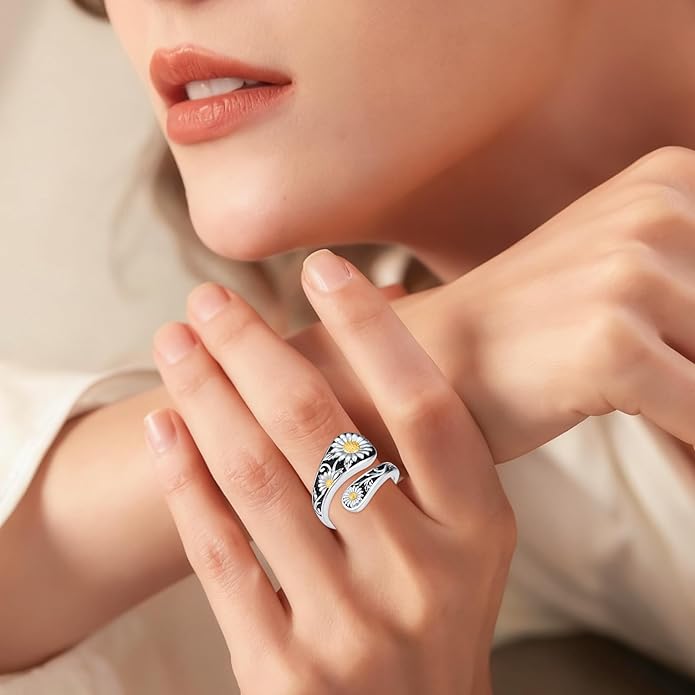 LOANGO Spoon Ring for Women 925 Sterling Silver Spoon Rings Adjustable Oxidized Vintage Thumb Rings Sunflower Hummingbird Butterfly Bee Cardinal Jewelry Gifts for Women Men