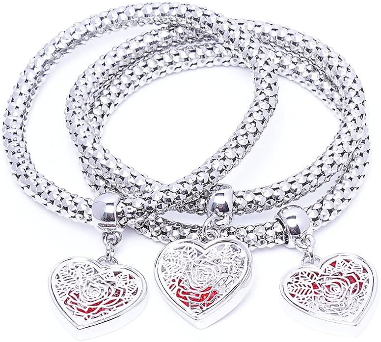 Crystal Charms Multilayer Bracelets - 3PCS Gold/Silver/Rose Gold Corn Chain Bracelet for Women, Tree of Life Heart Shaped Stretch Bracelet
