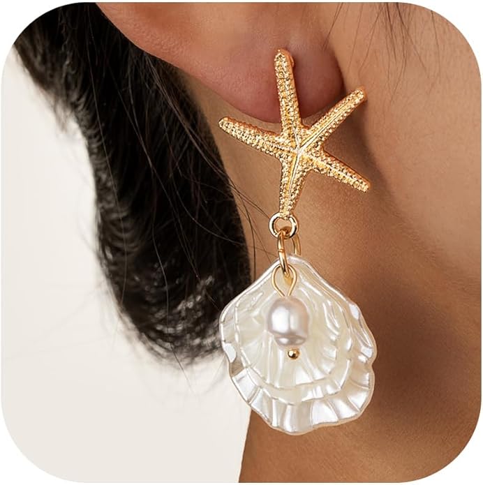 Seashell Starfish Earrings Beach Jewelry for Women Pearl Drop Shell Earrings Ocean Beachy Fashion Accessories Womens Summer Outfits 2026 Tropical Vacation Outfits Beach Vacation Clothes Dresses