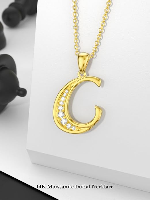 14k Gold Initial Necklace for Women, Solid Gold Moissanite Letter Pendant Necklaces Jewelry for Her Birthday Valentines Day Gifts for Mom Wife Christmas Gifts for Girlfriend Sister