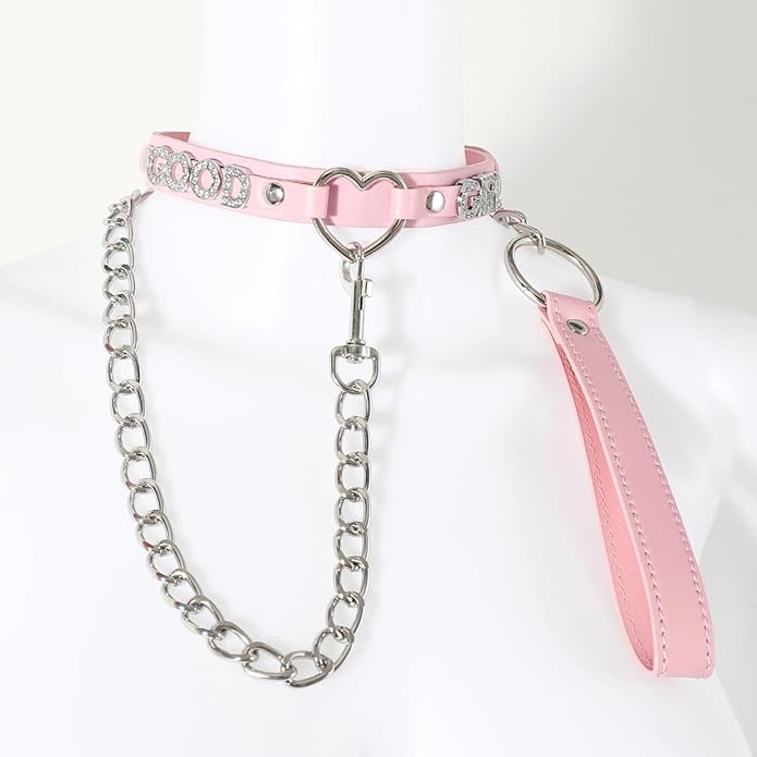 Succuba Handmade Heart Ring Rhinestone Letter Pu Leather Choker Collar Necklace for Women and Men