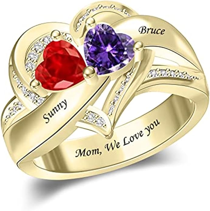 Personalized Heart Birthstone Rings for Women with 2 Birthstones Custom Name Rings for Couple Mother Daughter Jewelry Gift for Mother Her Christmas