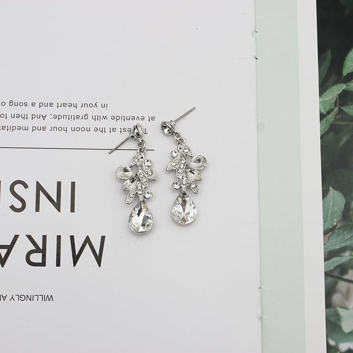 Wedding Leaf Flower Crystal Teardrop Pendant Necklace Dangle Earrings Stretch Bracelet Jewelry Set for Women Bridal Party Prom