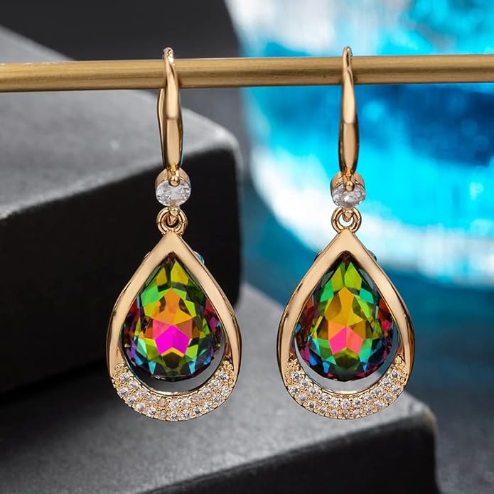 Austrian Crystal Halo Teardrop Hollow Drop Dangle Earrings for Women 14K Rose Gold Plated Hypoallergenic Jewelry Gifts
