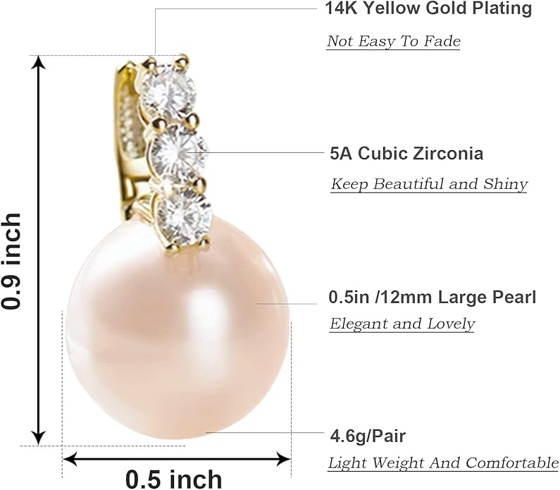Pearl Earrings for Women 14K Gold Plated Hypoallergenic Pearl Earrings 5A Cubic Zirconia Dangle Earrings Elegant Jewelry