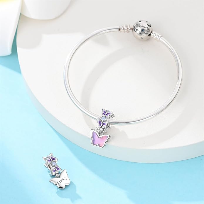 Charm Beads for Women, S925 Sterling Silver Dangle Charm Beads for European Charm Bracelet & Snake Chain Bracelets, Love Family Friendship Butterfly Pet Flower Designs, Gift Box Included