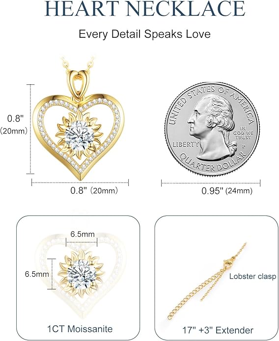 Sunflower Moissanite Heart Necklace for Women, Anniversary Birthday Gift for Wife, S925 Silver Moissanite Lab-Created Gem Jewelry for Her Girlfriend Mom