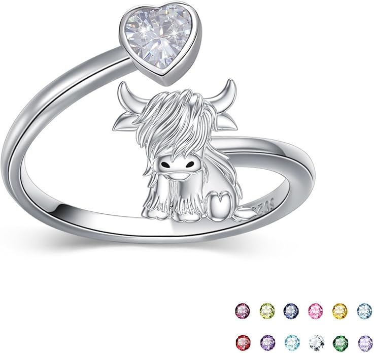 Highland Cow Ring 925 Sterling Silver Adjustable Ring Birthstone Ring Engraved Name Highland Cow Gifts Jewelry for Women