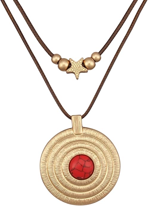 Boho Necklaces for Women Chunky Circle Necklace Layered Boho Circle Leather Choker Necklace Long Vintage Necklaces Bohemian Jewlery Gifts