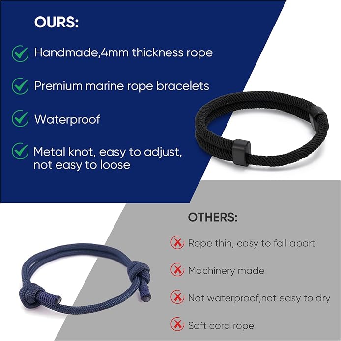 TempBeau Nautical Braided Rope Bracelets Set - 6 Pcs Adjustable Braided Cord Bracelet, Handmade Navy Marine String Bracelet with Metal Knot, Men Women Braided Bracelets Gifts