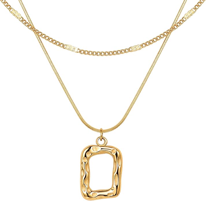 Evabelle Gold Layered Necklace for Women Trendy Jewelry 14K Real Gold Plated Chunky Chain Stackable Necklaces Dainty Choker Necklaces Rectangle Square Pendant
