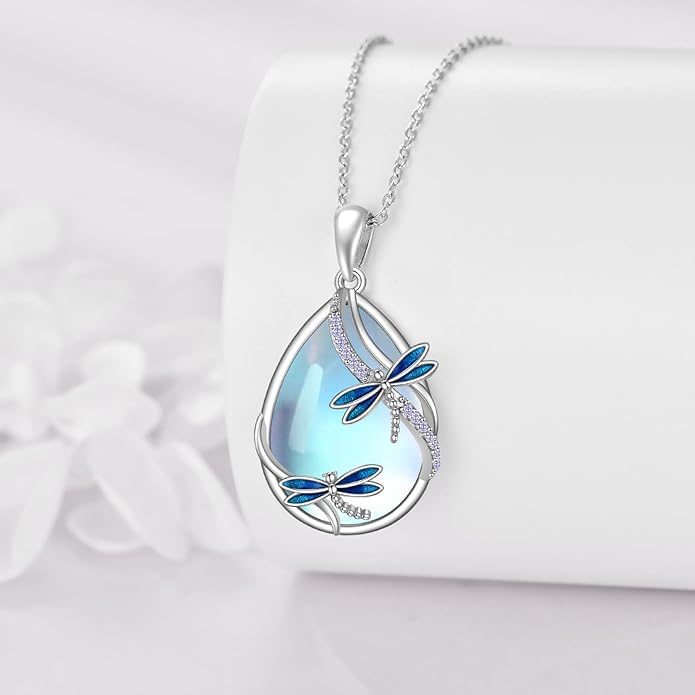 KQF Dragonfly/Butterlfy/Cat/Jellyfish/Bunny/Axolotl/Bee/Mermaid/Hummingbird/Elephant Necklace for Women Sterling Silver Moonstone Pendant Necklace Dragonfly Jewelry Gifts for Women