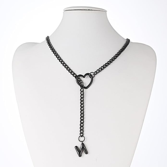Black Heart Slip Chain Initial Necklaces for Women,Stainless Steel O-Ring Adjustable Lariat Heart Y-Necklace,Punk Gothic Cuban Collar Choker Necklace for women