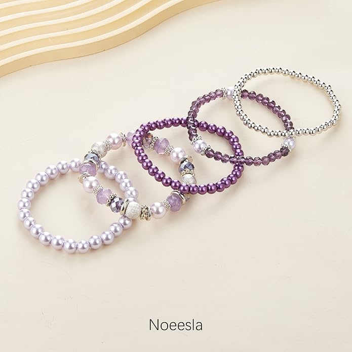Noessla Beaded Pearl Stretch Bracelet Silver Stackable Crystal Beads Bracelets Trendy Costume Jewelry Mothers Day Gifts for Women
