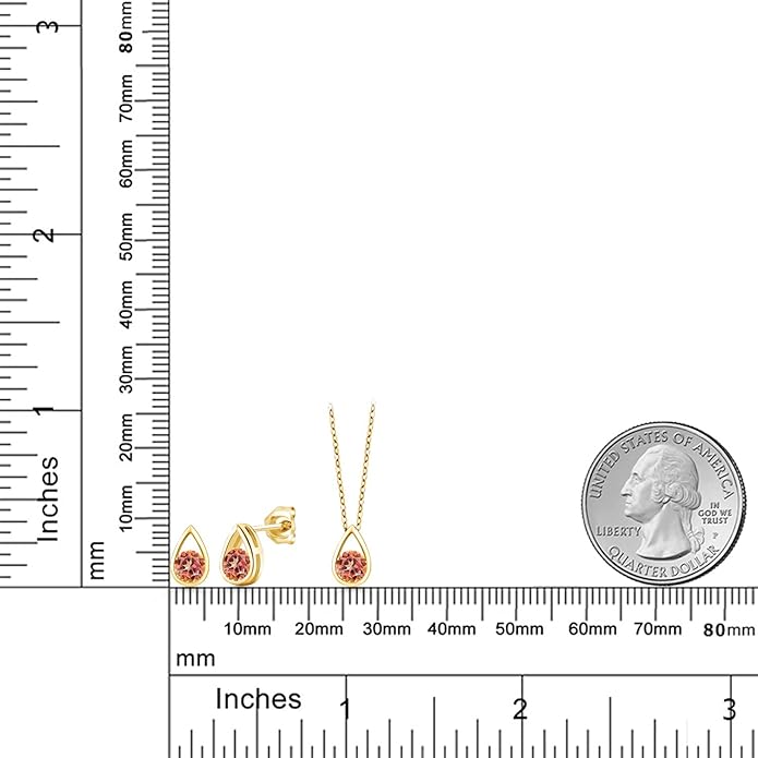 Gem Stone King 18K Yellow Gold Plated Silver 5MM Round Gemstone Birthstone Teardrop Pendant Earrings Set | Jewelry Set for Women | With 18 Inch Chain