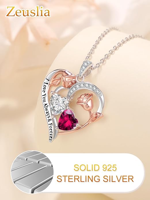 Valentine's Day Gifts for Wife 925 Sterling Silver Double Birthstone Pendant Necklaces I Love You for Always and Forever Necklace Anniversary Birthday Gifts for Wife Girlfriend Mom Her