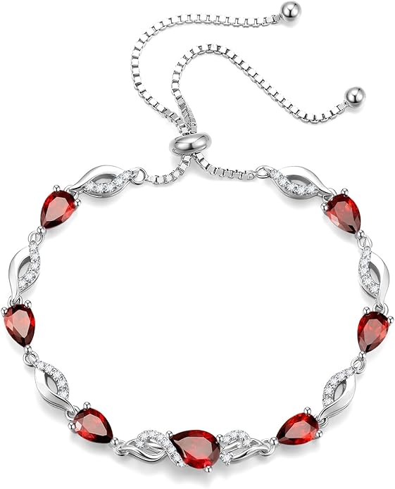 FANCIME Birthstone Teardrop Tennis Bracelet for Women, Sterling Silver 9x7mm main Gemstone Bolo Adjustable Chain Bracelet Fine Jewelry Birthday Gifts for Women Mom Wife Her