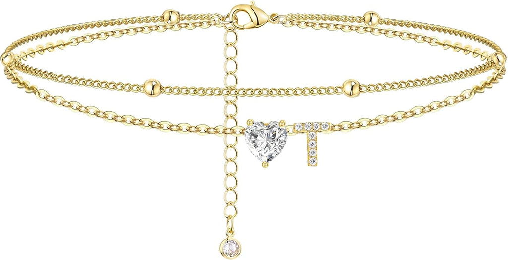 Ankle Bracelets for Women Waterproof 14K Gold Plated CZ Initial Anklet for Women Dainty Layered Letter Heart Ankle Bracelets Handmade Adjustable Foot Chain Anklet Summer Beach Jewelry